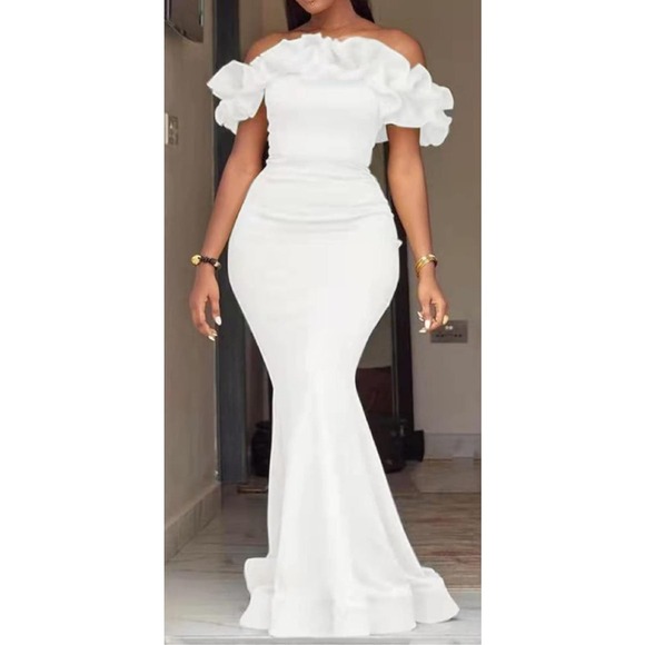 Cololura Sexy Long Off Shoulder Ruffles Stringy Selvedge Mermaid Bodycon Dress - Picture 1 of 15